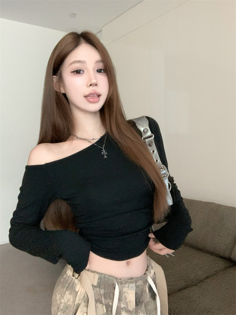 💕簡約通勤絕美基礎款斜肩磨毛上衣
