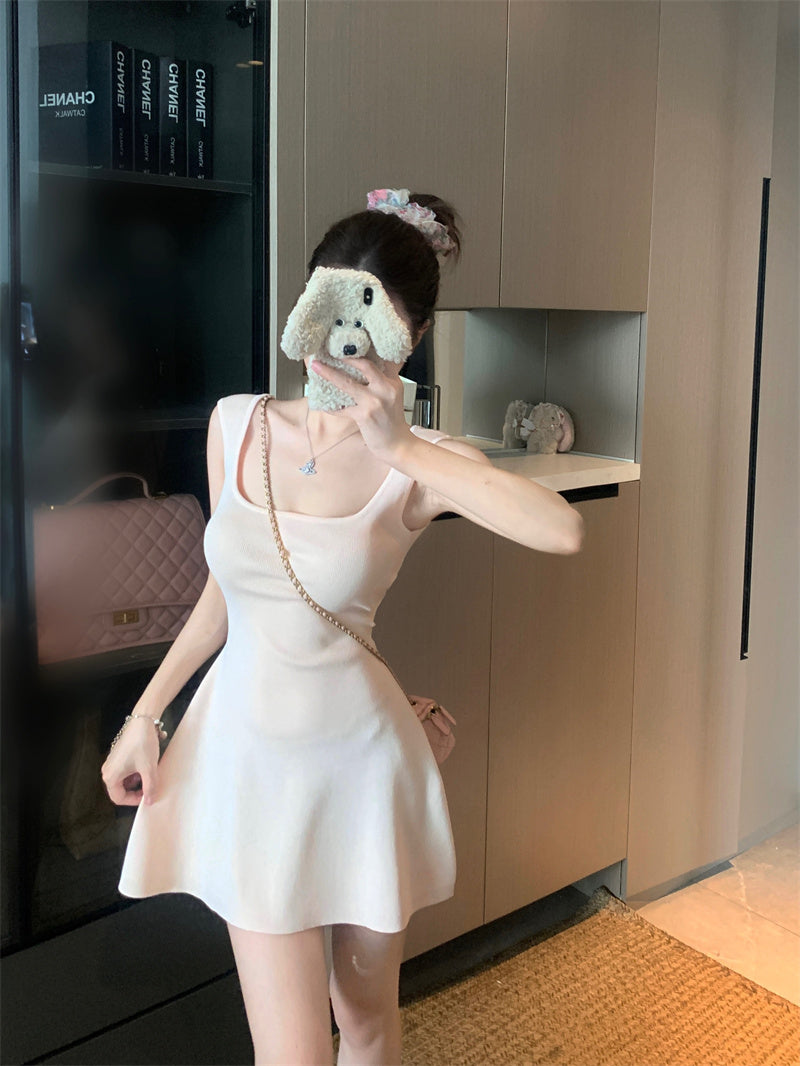 💕夏季法式方領針織連衣包臀短裙