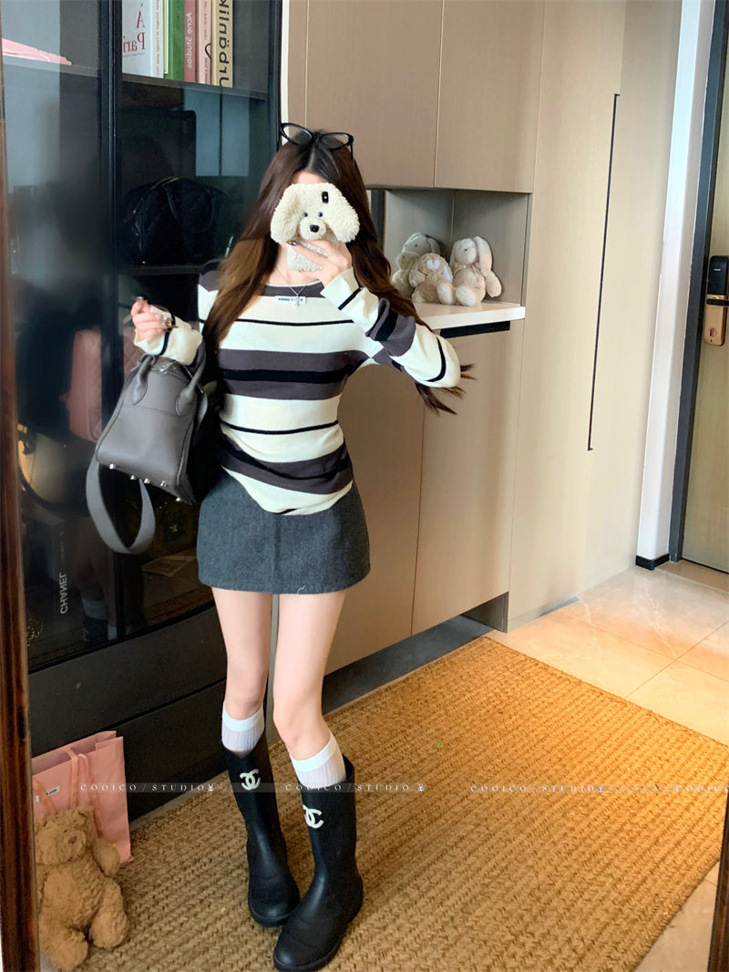 💕簡約休閒不規則條紋針織打底上衣