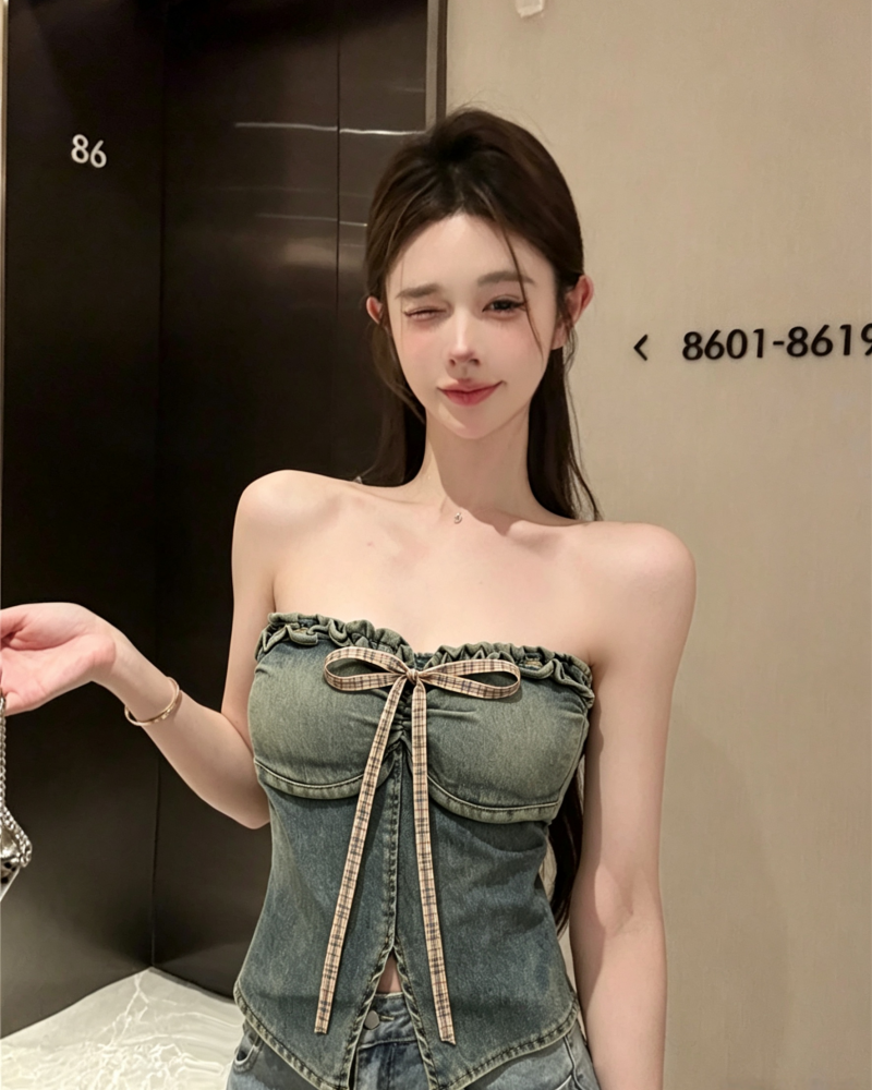 💕不規則蝴蝶結牛仔一字肩抹胸上衣