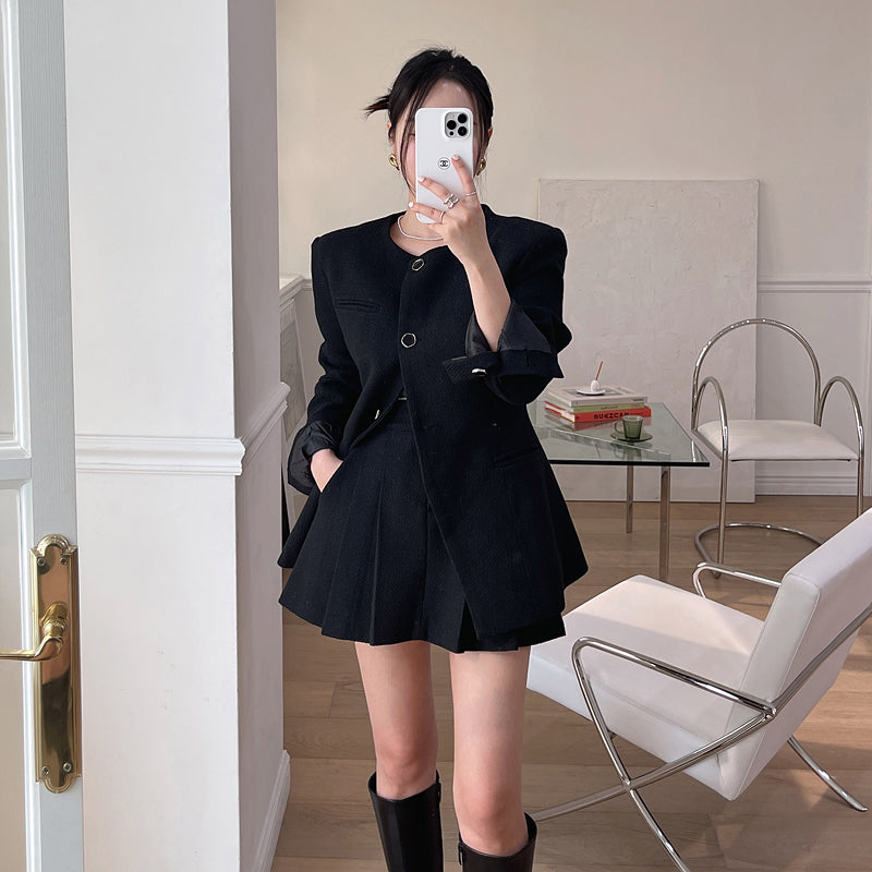 💕法式氣質單排釦小香風外套搭百褶短裙