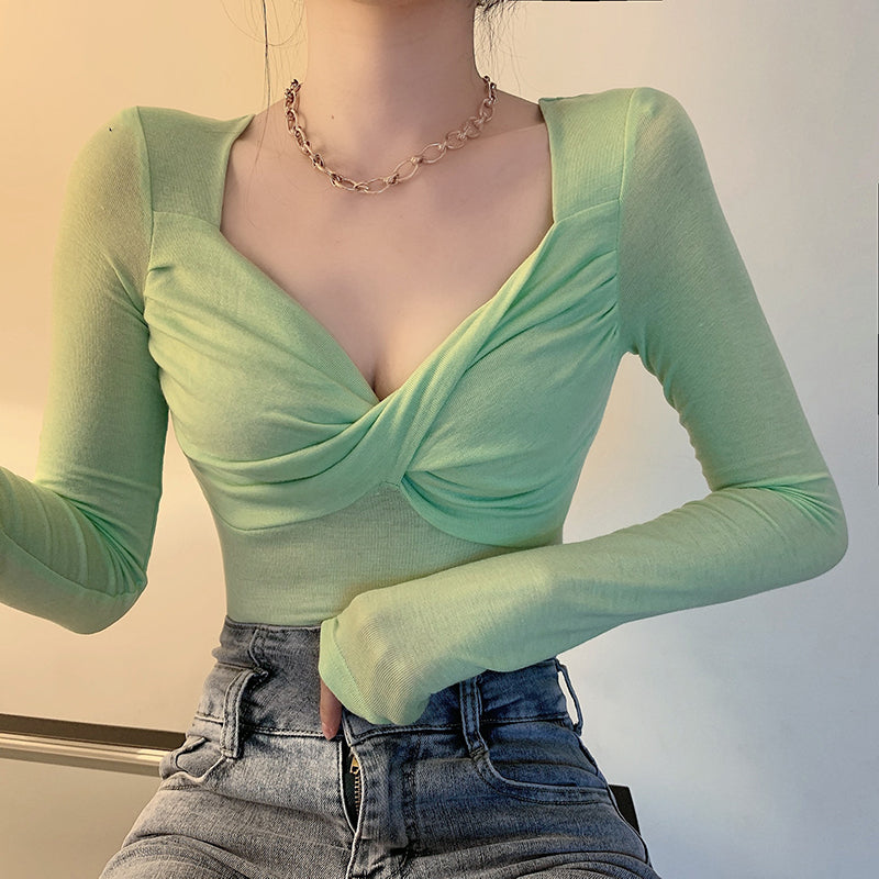 💕長袖V領扭結顯瘦打底衫上衣