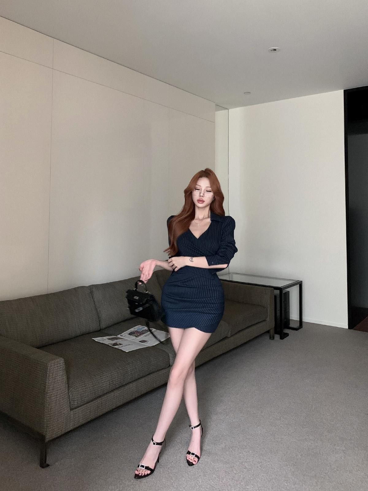 💕高級性感法式條紋V領長袖襯衫連衣裙