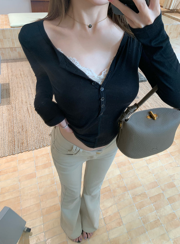 💕法式老錢風卡其中低腰顯瘦微喇叭長褲