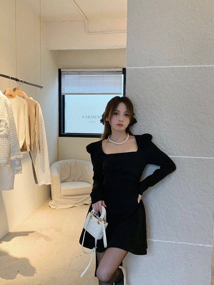 💕秋冬黑色赫本風方領小個子連衣裙