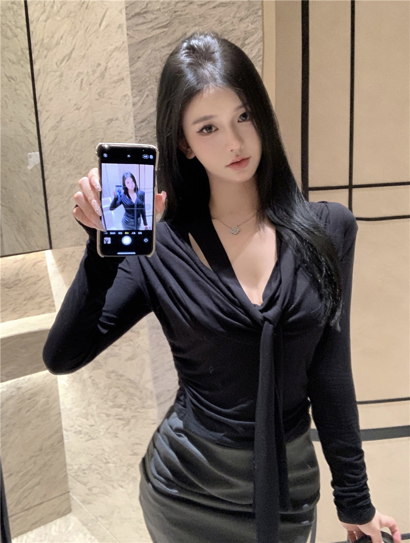 💕韓系設計感褶皺盪領飄帶長袖打底衣