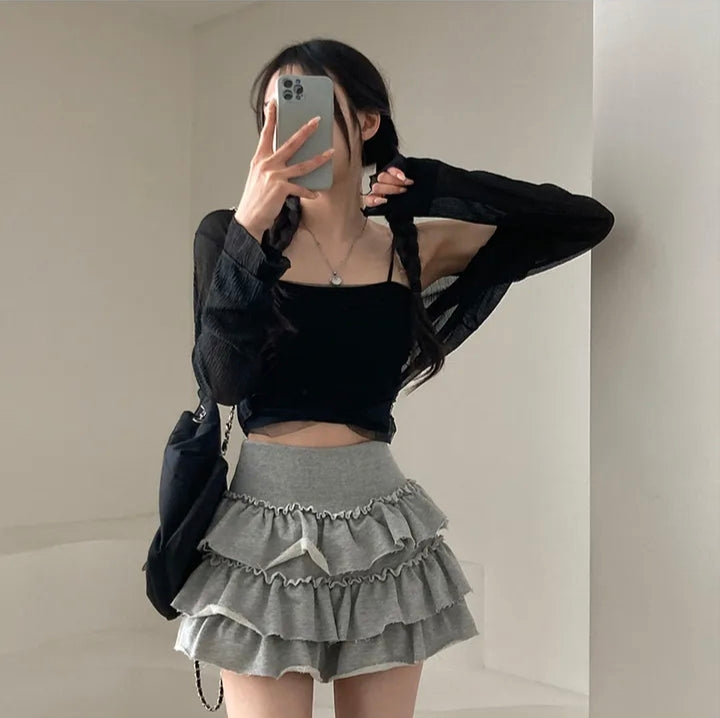 💕春夏防曬長袖雪紡開衫+網紗拼接針織吊帶