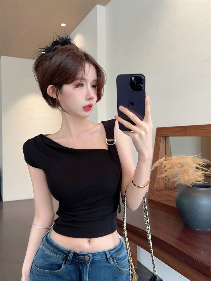 💕不規則斜領露肩露臍短袖上衣