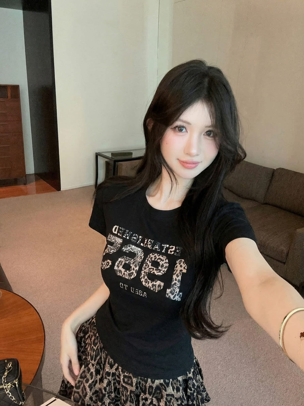 💕夏季豹紋印花圓領百搭短袖上衣