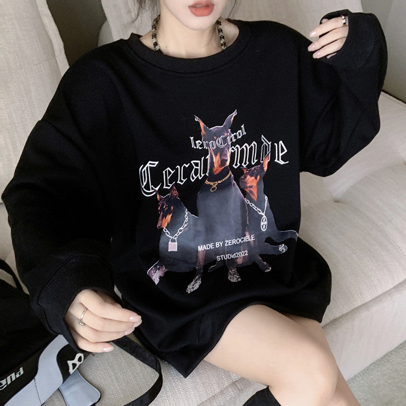 💕美式帥氣杜賓犬印花寬鬆中長衛衣