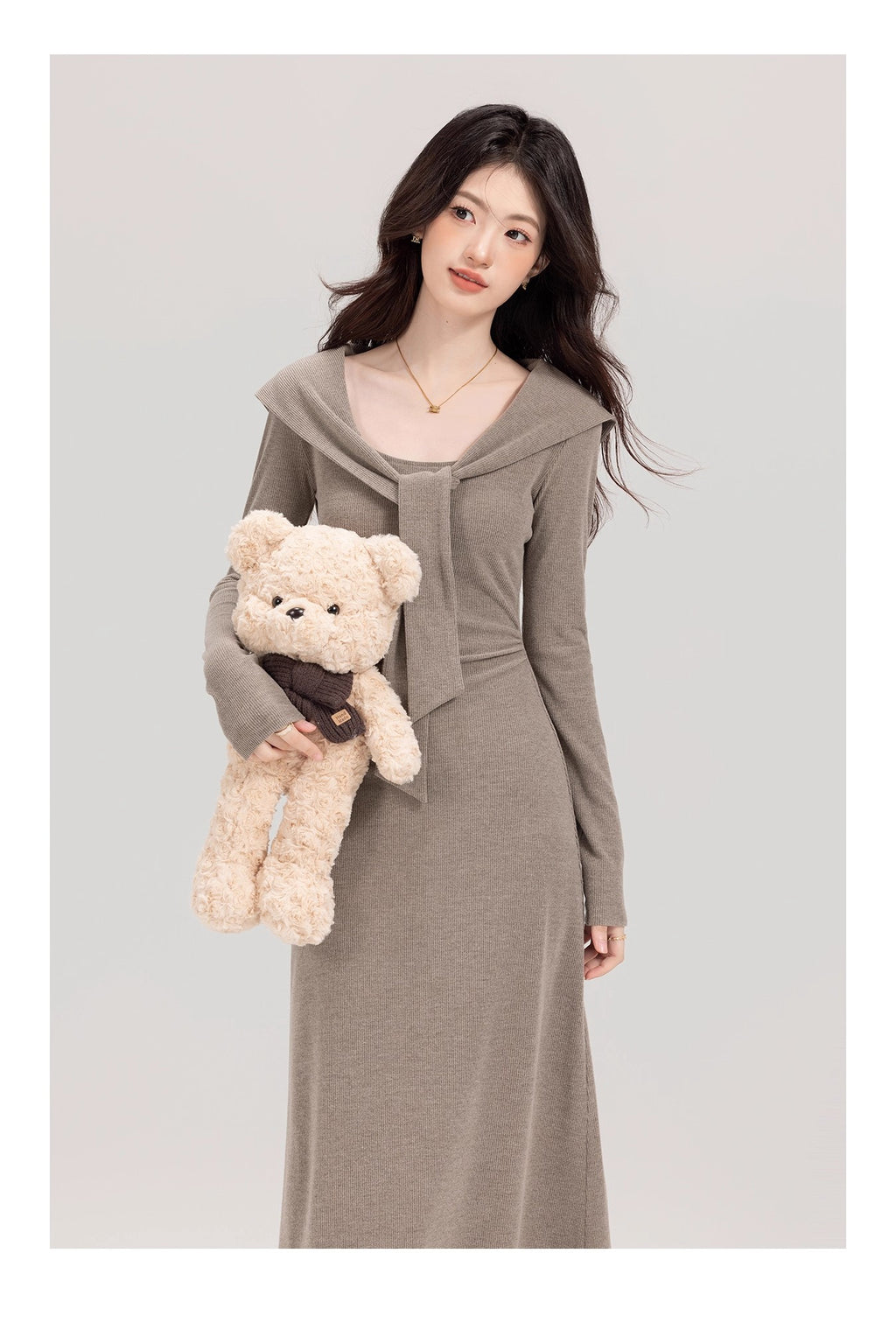 💕秋冬慵懶假兩件系帶披肩顯瘦連身裙