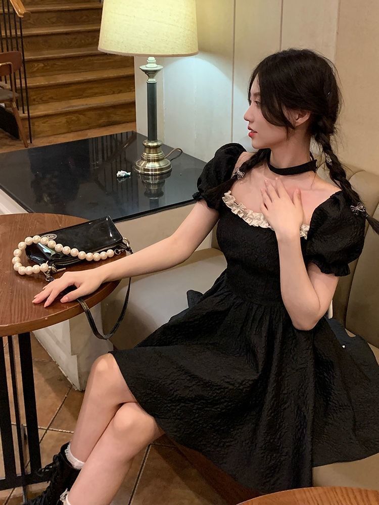 💕方領法式花邊露背蝴蝶結小個子澎澎短裙
