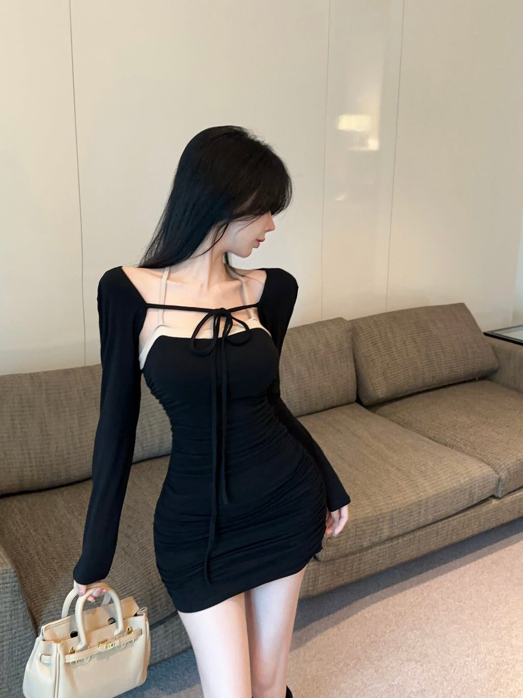 💕拚色系繩多種穿法包臀連身短裙+長袖短款罩衫兩件套