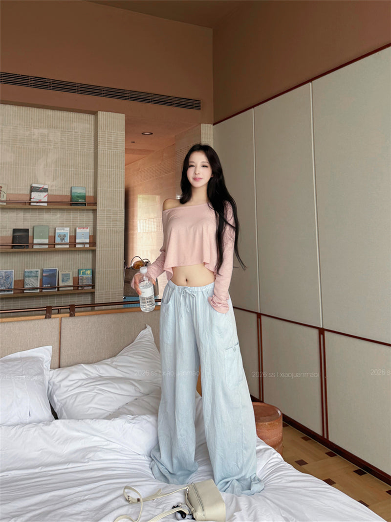 💕溫柔懶人斜肩長袖短款露臍上衣&條紋寬褲兩件套