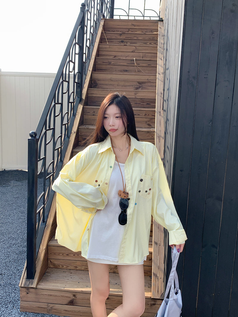 💕青春寬鬆百搭別緻彩色鈕扣條紋襯衫