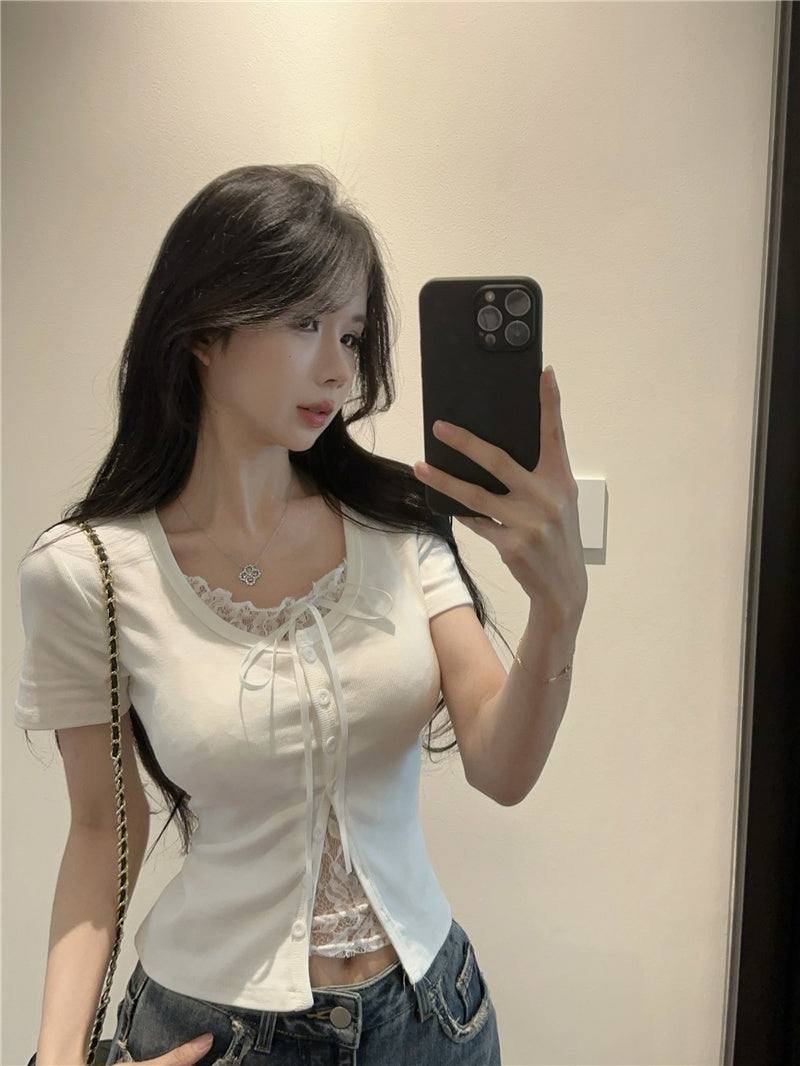 💕高級感假兩件短袖拼接蕾絲上衣