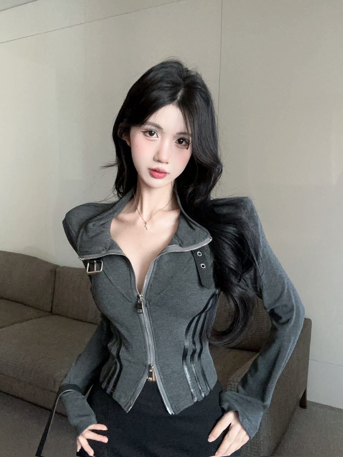 💕甜酷颯設計長袖翻領雙拉鍊顯瘦外套