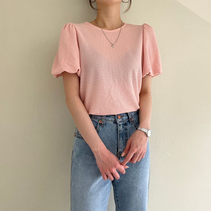💕韓系溫柔華夫格鏤空圓領泡泡袖上衣