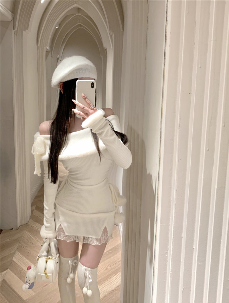 💕法式秋冬聖誕氣息掛脖毛邊包臀短裙
