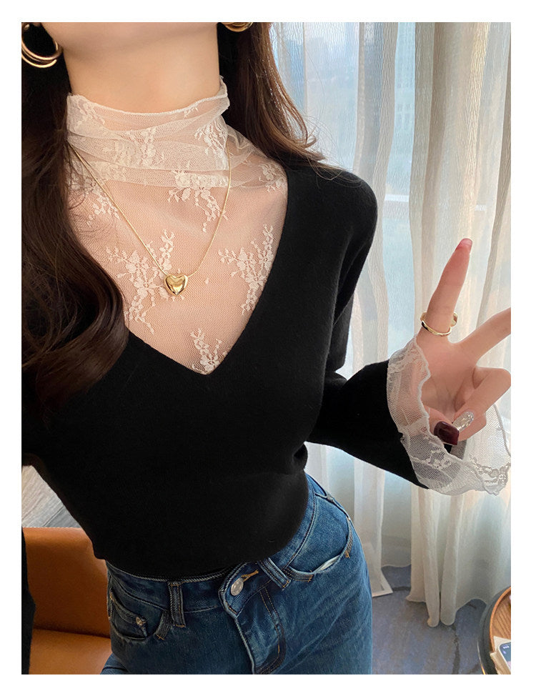 💕白色V領假兩件蕾絲打底衫上衣