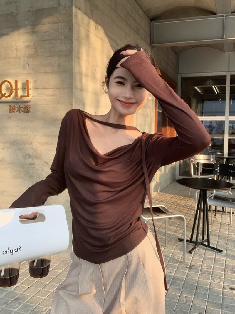 💕春夏甜美溫柔舒適盪領飄帶長袖上衣