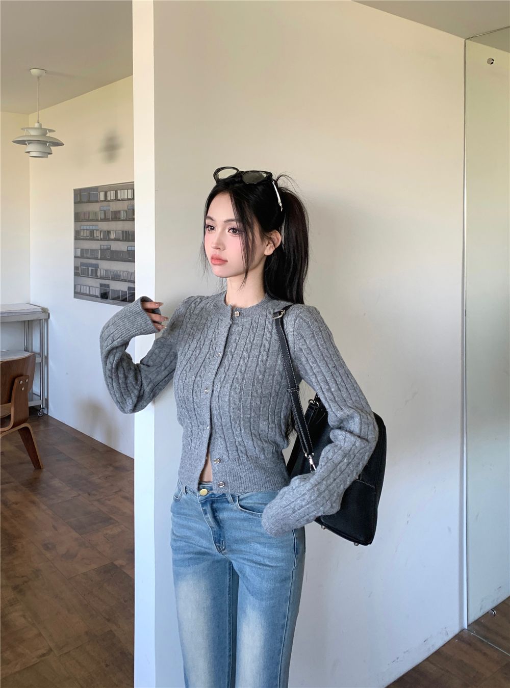 💕簡約休閒黑色短款麻花針織長袖上衣