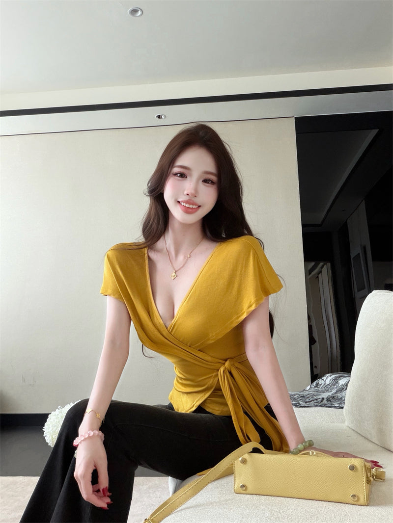 💕氣質優雅交叉V領綁帶T袖上衣