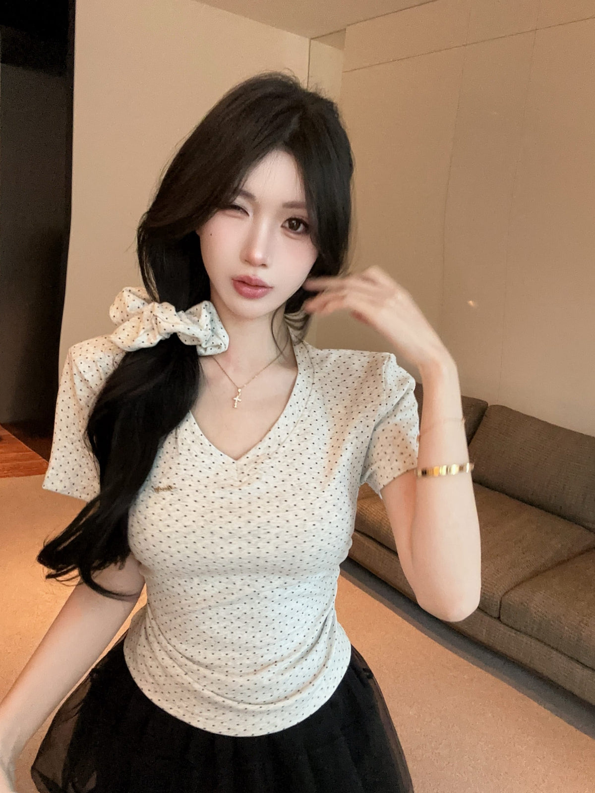 💕氣質星星點點V領短袖上衣