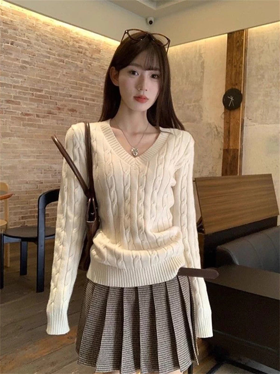 💕韓系慵懶風V領麻花加厚寬鬆毛衣