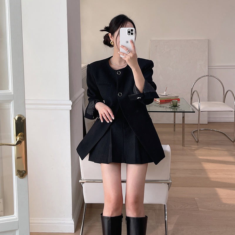 💕法式氣質單排釦小香風外套搭百褶短裙