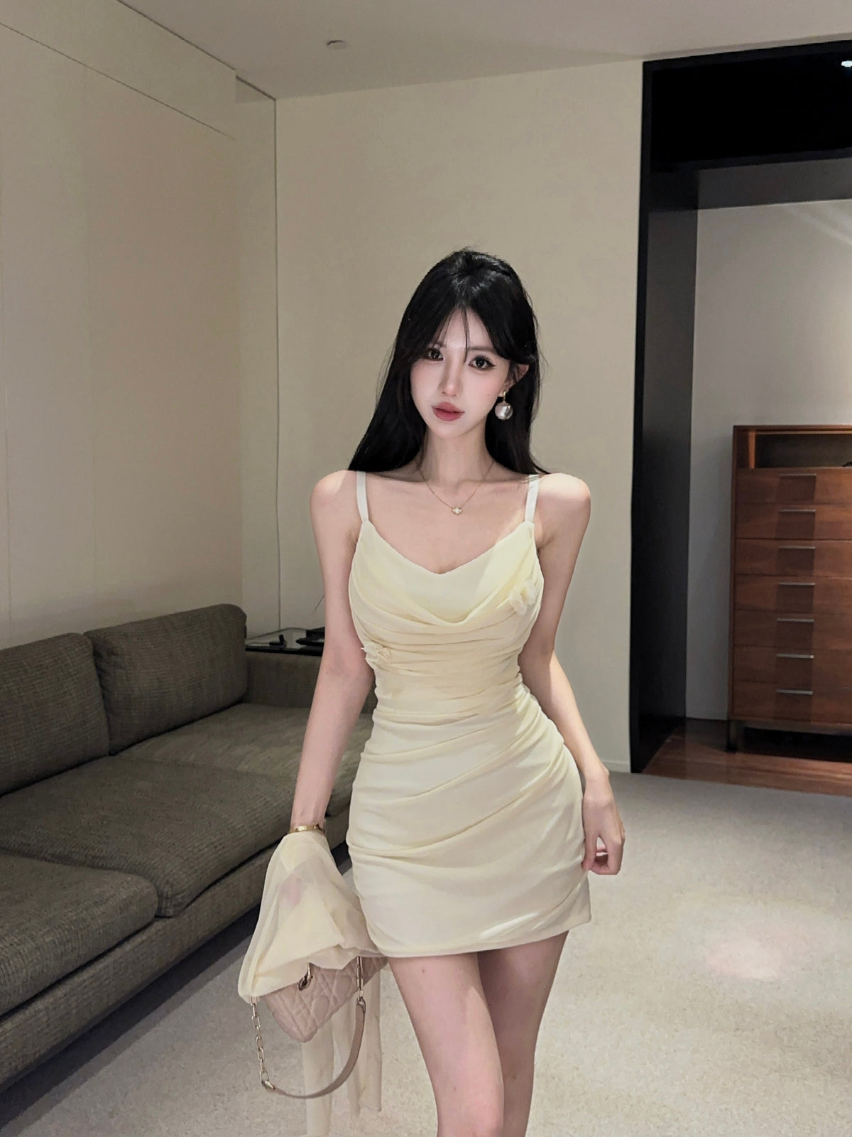 💕甜美性感褶皺修身吊帶連衣裙+開衫
