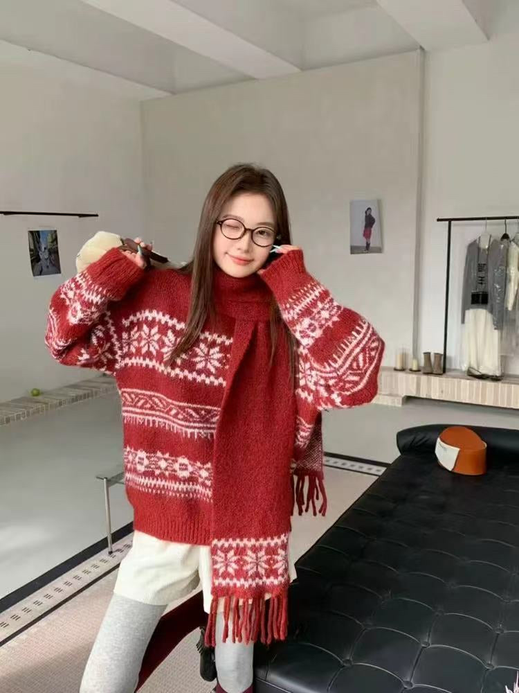 💕韓系圓領復古緹花拚色軟糯針織帶圍巾打底毛衣