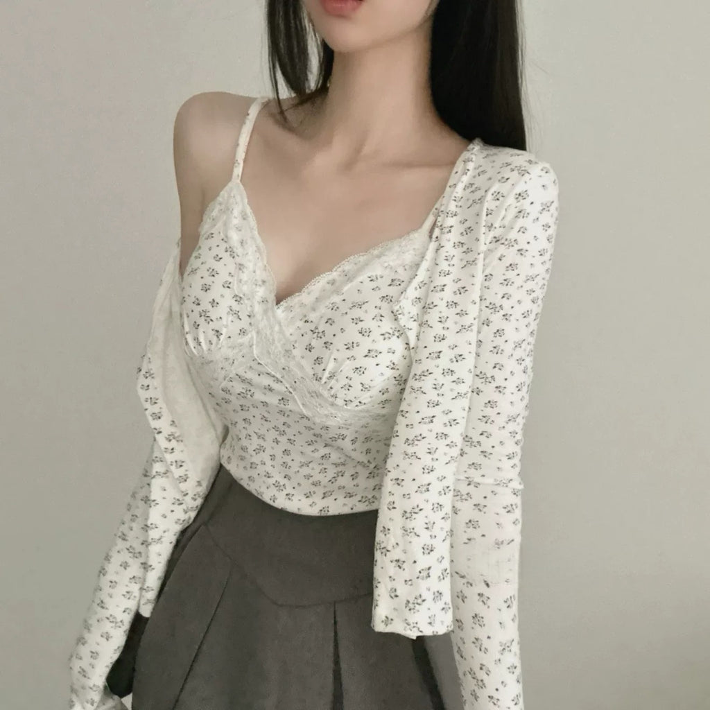 💕溫柔清純碎花蕾絲拼接吊帶上衣