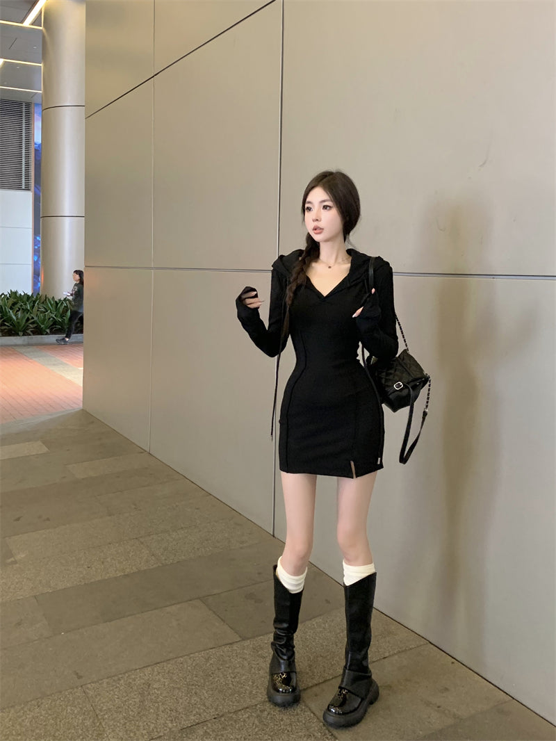 💕秋款連帽長袖收腰緊身包臀裙