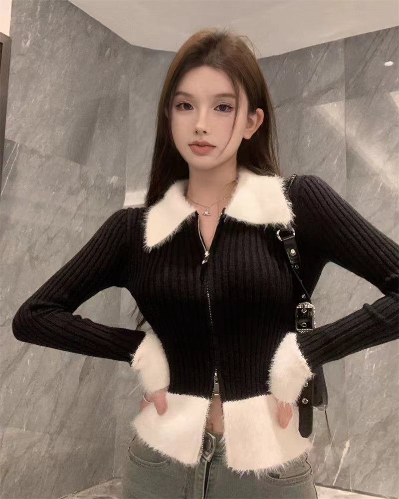 💕氣質短款polo毛毛領針織拉鍊修身上衣