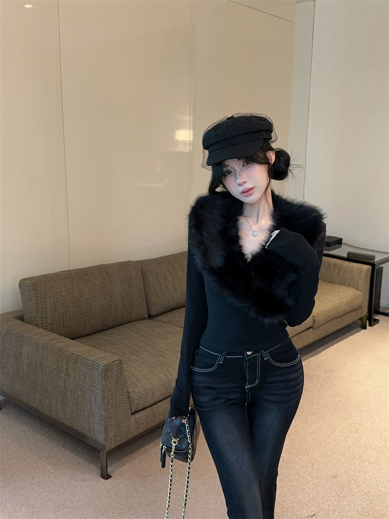 💕純欲辣妹毛領拼接V領長袖修身上衣