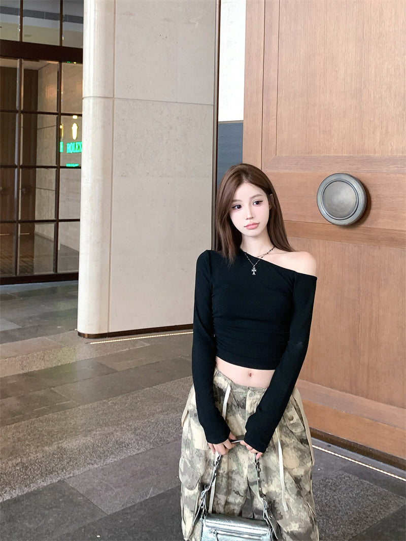 💕簡約通勤絕美基礎款斜肩磨毛上衣