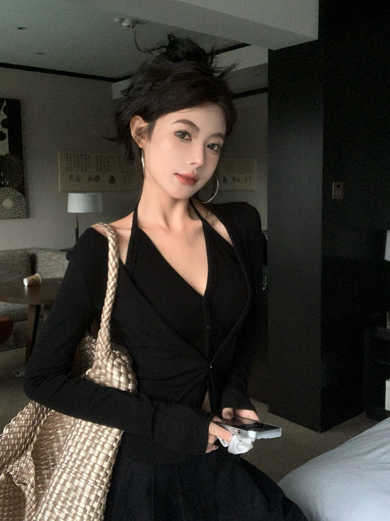 💕秋冬性感吊帶掛脖顯瘦假兩件打底上衣