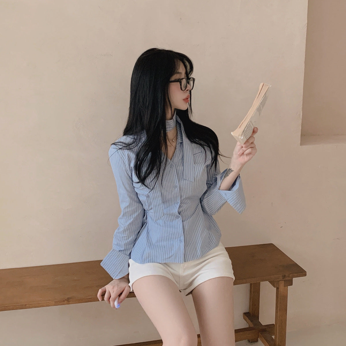 💕韓系小眾V領飄帶收腰百搭條紋上衣
