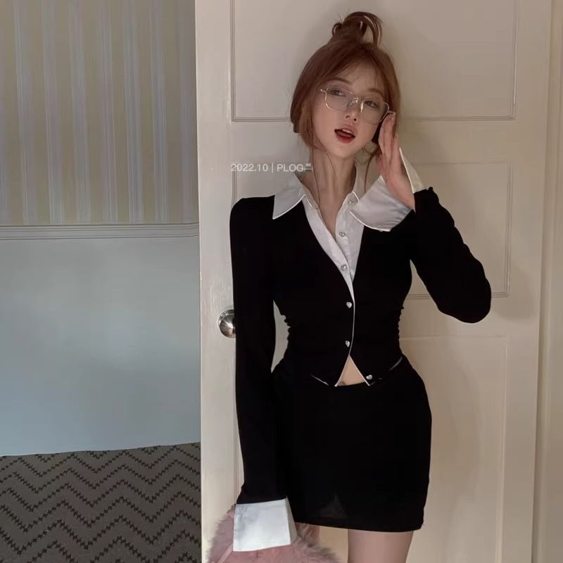 💕純御辣妹修身短款黑色假兩件長袖襯衫