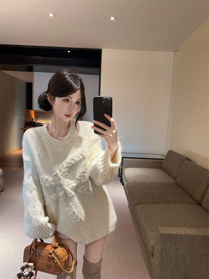 💕復古慵懶高級感軟糯蝴蝶結圓領上衣