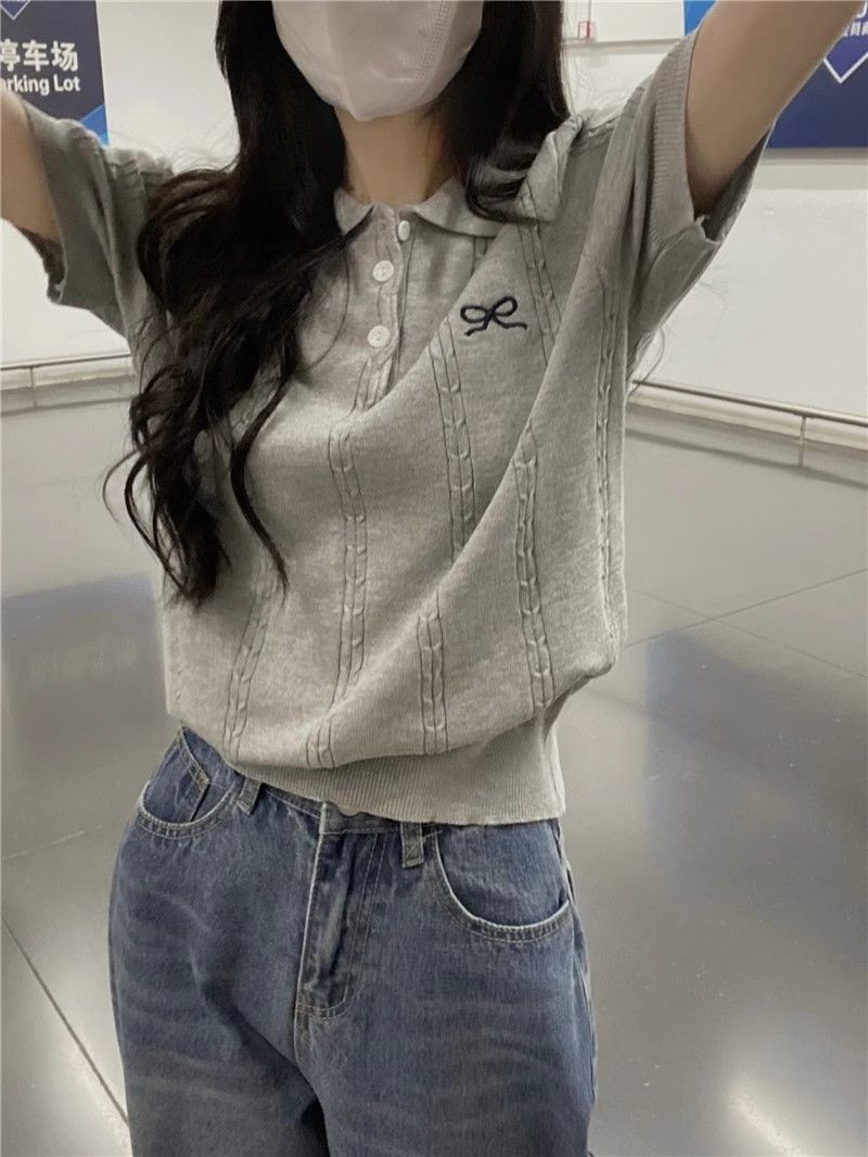 💕百搭甜美POLO領蝴蝶結刺繡針織衫
