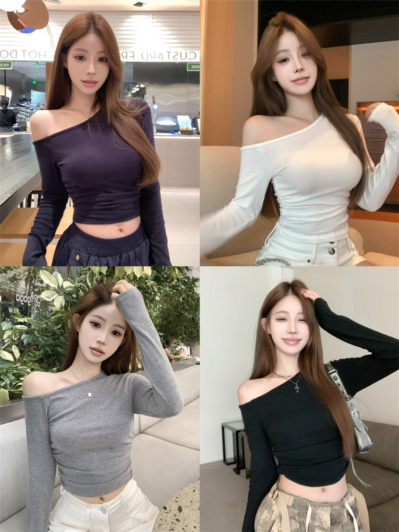 💕簡約通勤絕美基礎款斜肩磨毛上衣
