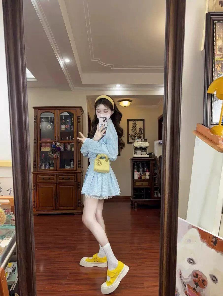 💕春夏小個子收腰有腰帶條紋襯衫連身裙