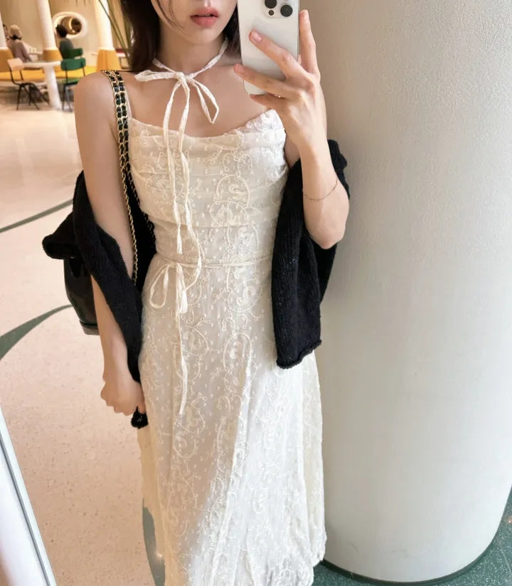 💕ihs系溫柔蕾絲性感露背鬆緊系帶收腰吊帶長裙