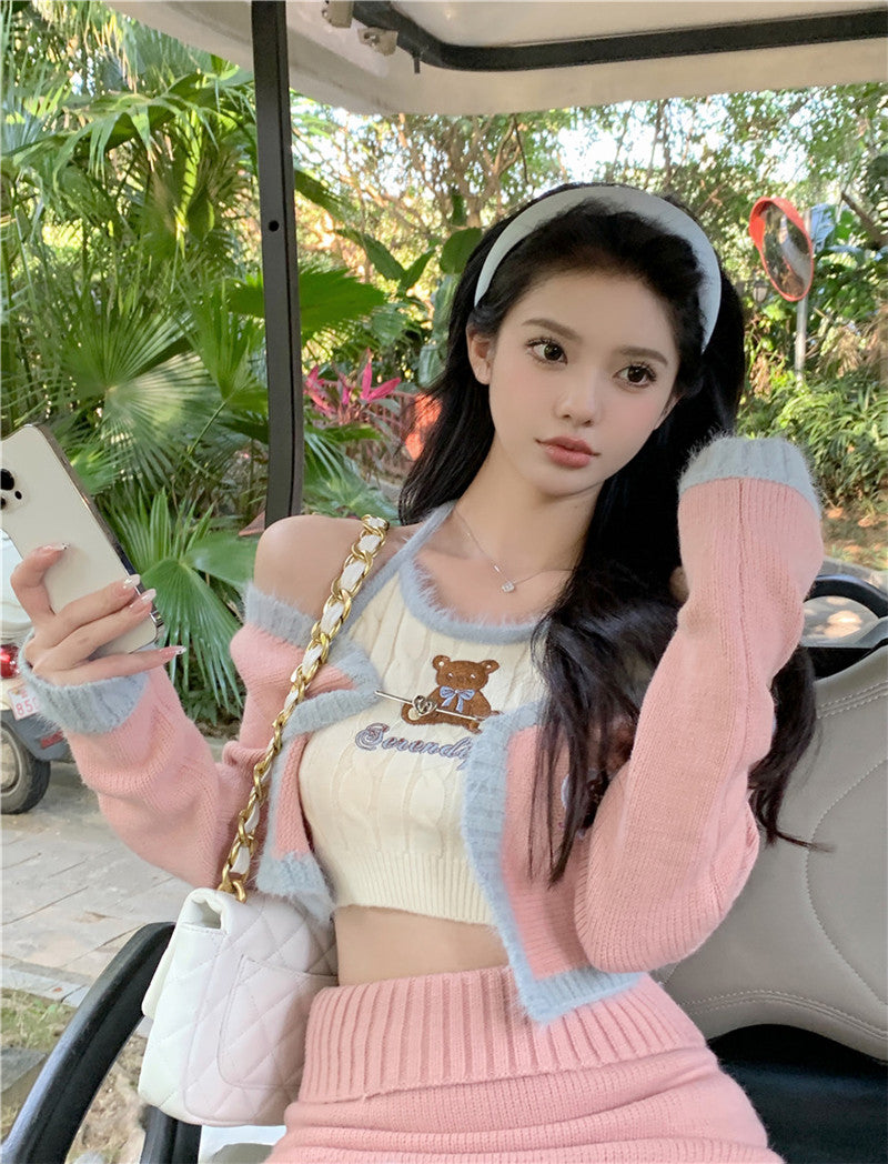 💕辣妹可愛小熊高腰印花拼接針織套裝