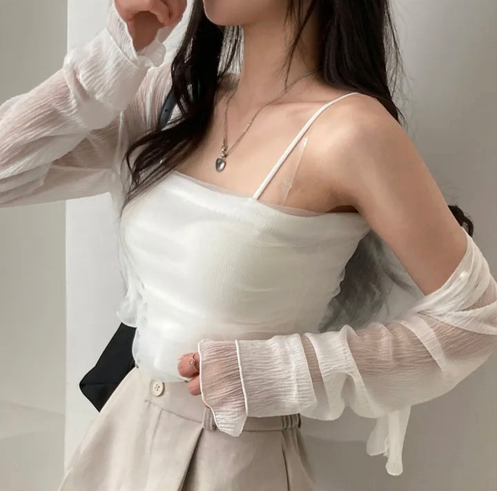 💕春夏防曬長袖雪紡開衫+網紗拼接針織吊帶