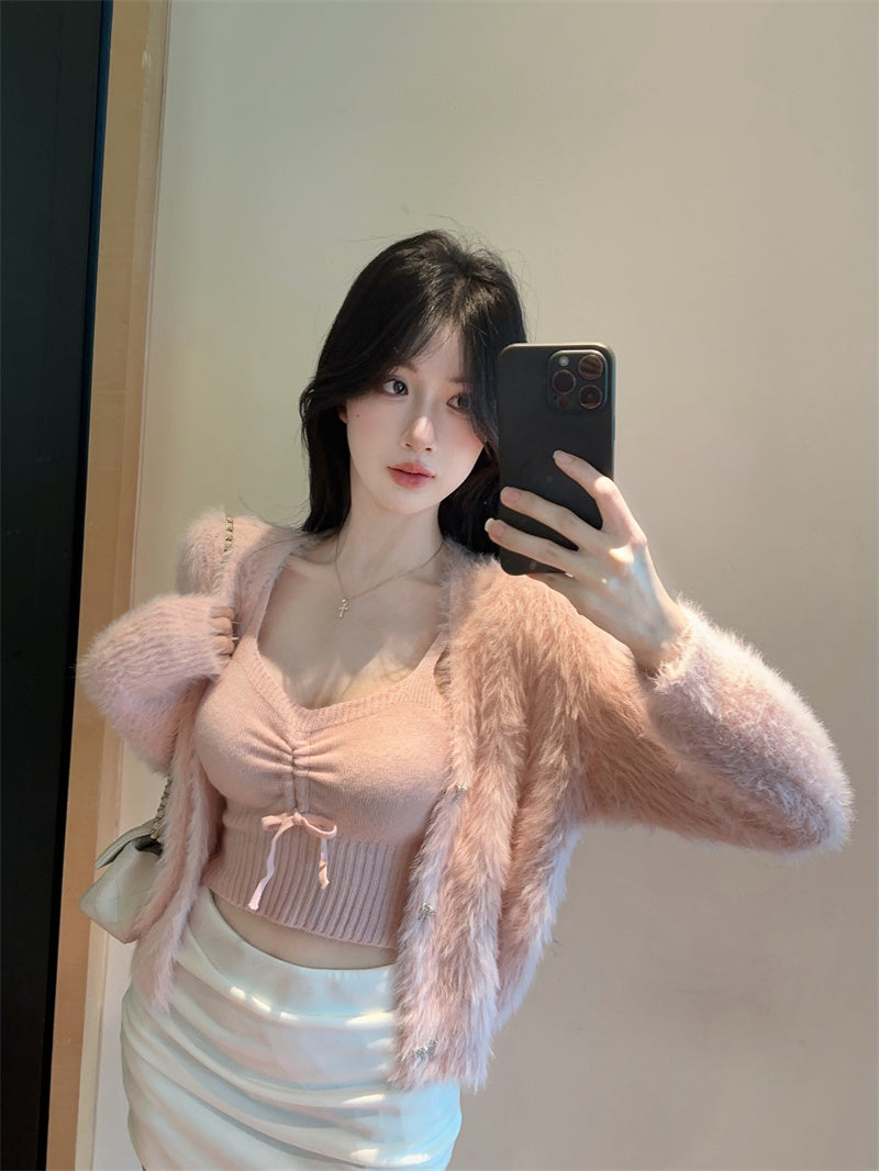 💕法式仿貂毛V領針織吊帶兩件套