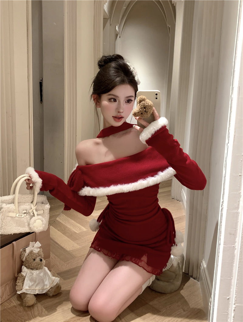 💕法式秋冬聖誕氣息掛脖毛邊包臀短裙