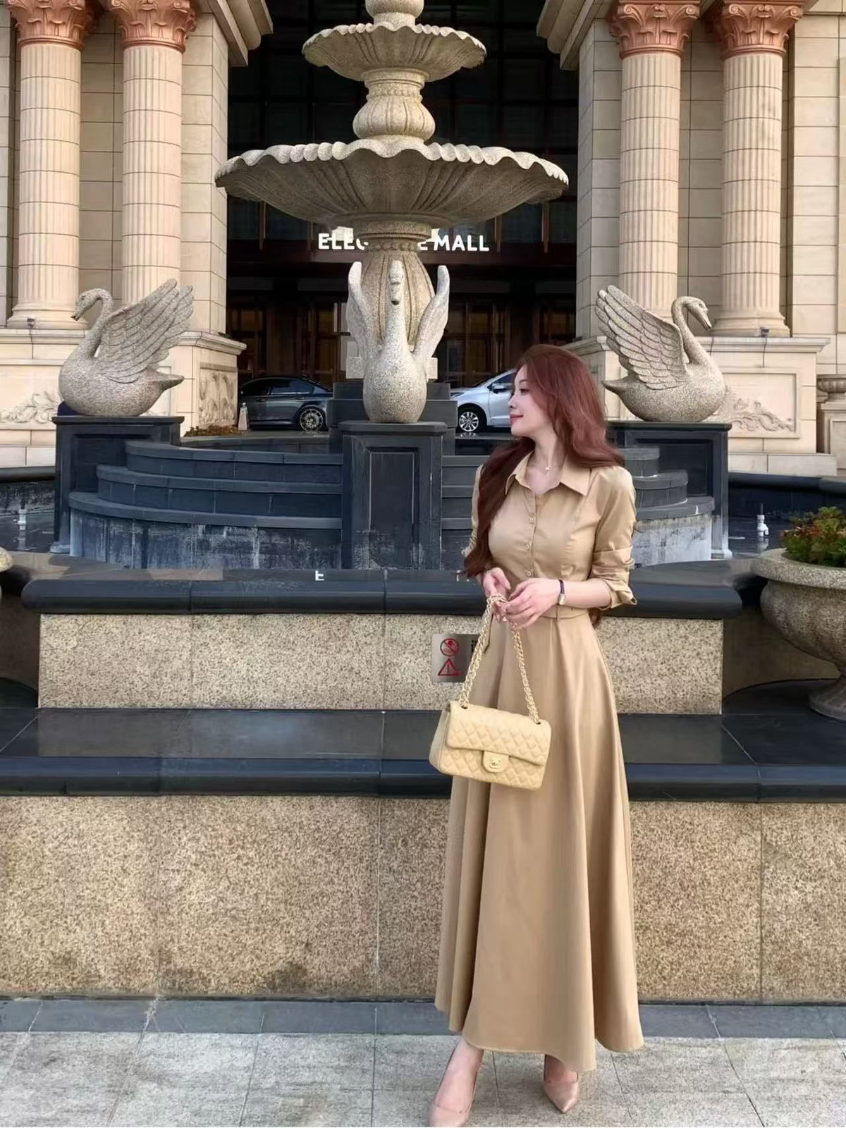 💕秋冬韓系高級感翻領長袖配腰帶連身裙